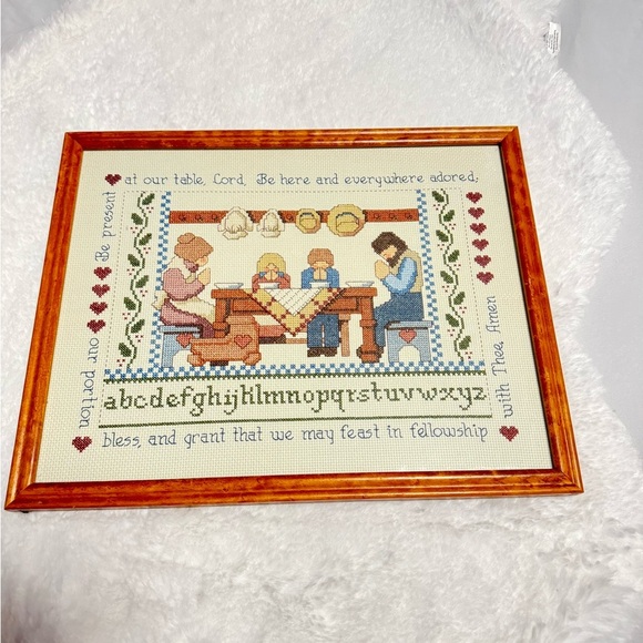 VTG Crosstitch Art Jeremiah Junction Table Blessings Professionally Framed 80’s - Picture 2 of 12